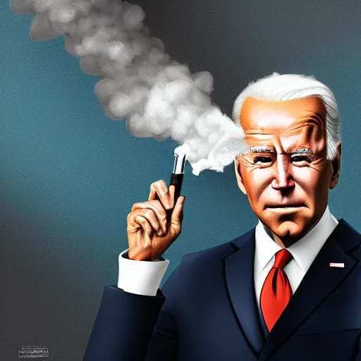 Prompt: joe biden smoking a vape pen in her right hand | smoke coming out of her mouth, artstation, 4 k