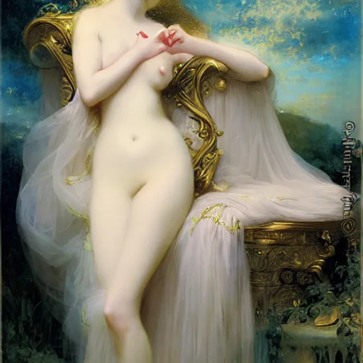 Image similar to blonde beautiful sleeping princess by Franz Xaver Winterhalter and Delphin Enjolras and Rebecca Guay