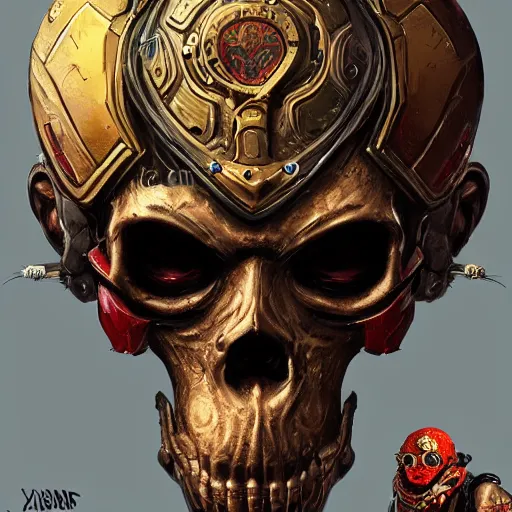 Prompt: a golden skull face monkey warrior with a ruby in his forehead, Apex Legends character digital illustration portrait design, by android jones, detailed, cinematic lighting, wide angle action dynamic portrait