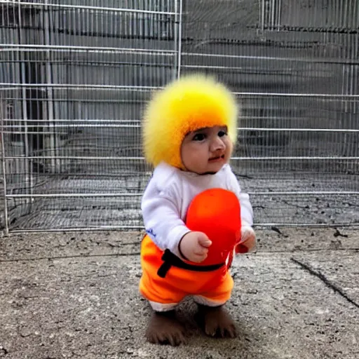 Image similar to photo of a cute baby chick dressed as an inmate