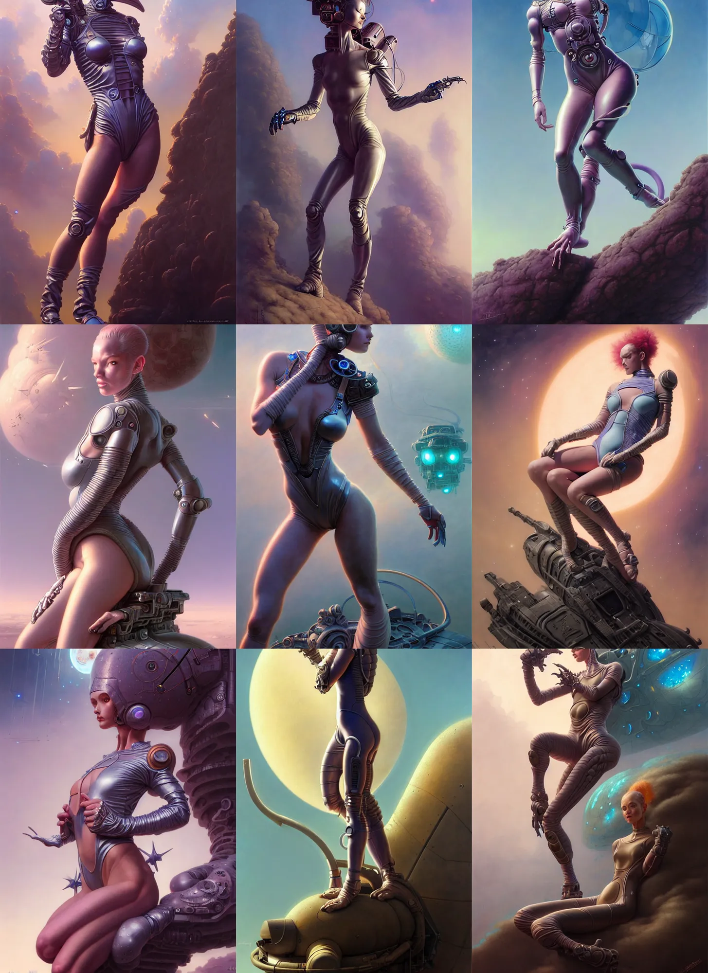 Image similar to fantasy character portrait, girl resting on an old sci - fi vehicle, bodysuit, leotard, ultra realistic, wide angle, intricate details, the fifth element artifacts, highly detailed by peter mohrbacher, hajime sorayama, wayne barlowe, boris vallejo, paolo eleuteri serpieri