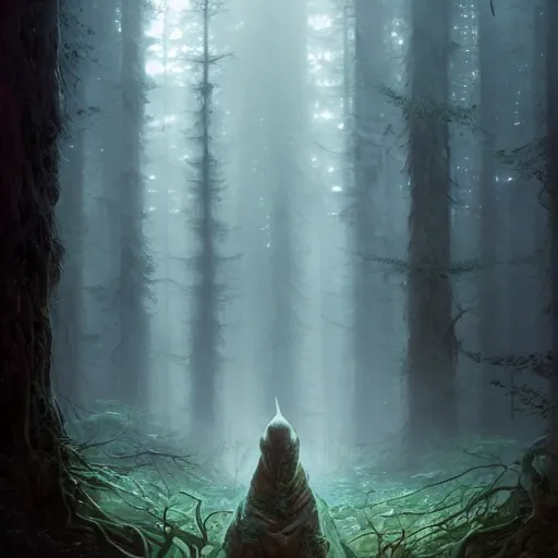 Image similar to highly detailed creepy forest humanoide creature in robes, stephen bliss, unreal engine, fantasy art by greg rutkowski, loish, rhads, ferdinand knab, makoto shinkai and lois van baarle, ilya kuvshinov, rossdraws, tom bagshaw, global illumination, radiant light, detailed and intricate environment