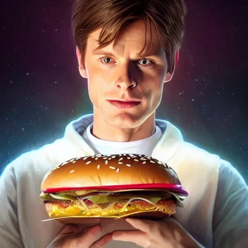 Prompt: portrait of Marty McFly eating a giant hamburger , extra onions and ketchup, luscious patty with sesame seeds, feminine ethereal, handsome, D&D, fantasy, intricate, elegant, highly detailed, digital painting, artstation, concept art, matte, sharp focus, illustration, art by Artgerm and Greg Rutkowski and Alphonse Mucha