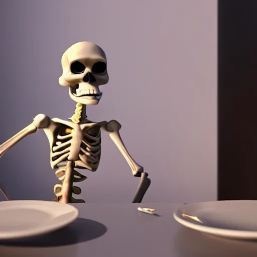 Prompt: 3d render pixar cartoon skeleton drinking a cup of coffee hd octane render