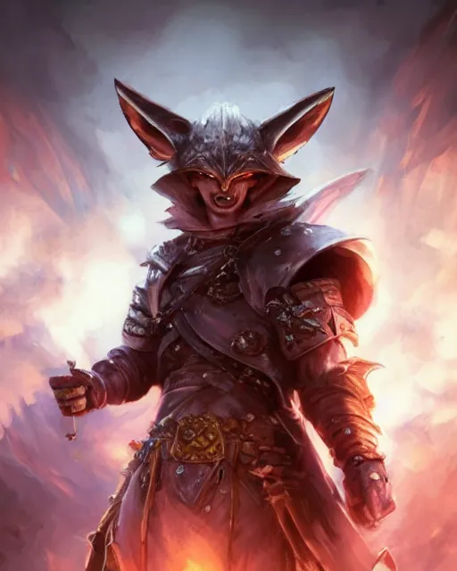 Image similar to Fox Warrior holding small bag, evil smile, medium shot, D&D, artstation, fantasy, magic the gathering artwork, cinematic lighting, centered, symmetrical, highly detailed, digital painting, , concept art, smooth, sharp focus, illustration, volumetric lighting, epic Composition, 8k, art by Akihiko Yoshida and Greg Rutkowski and Craig Mullins, oil painting, cgsociety