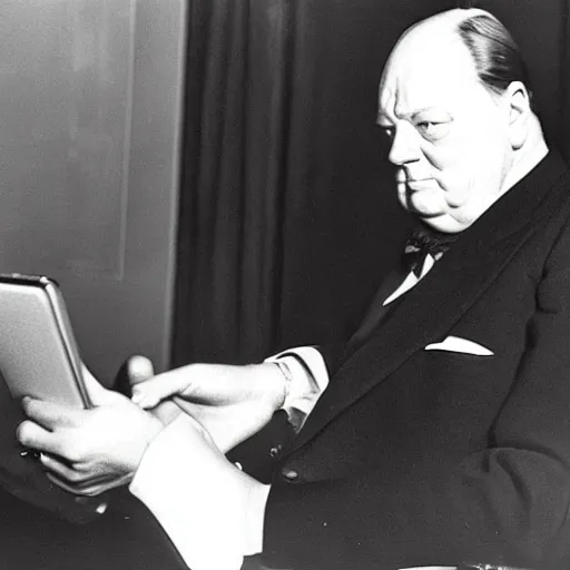 Image similar to A black and white photograph, circa 1940s, of Winston Churchill looking down at his smartphone