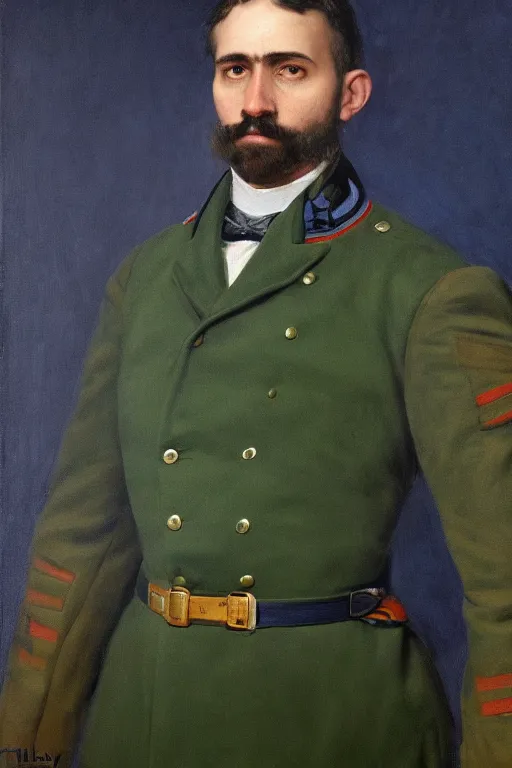 Image similar to battle portrait of the dictator of the minnesota timberwolves, 1 8 8 9, in full military garb, midnight blue, lake blue, aurora green, moonlight grey, oil on canvas by william sidney mount, trending on artstation