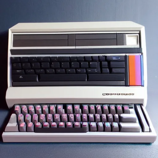 Image similar to commodore 6 4 with tape drive, retro computer in synthwave style