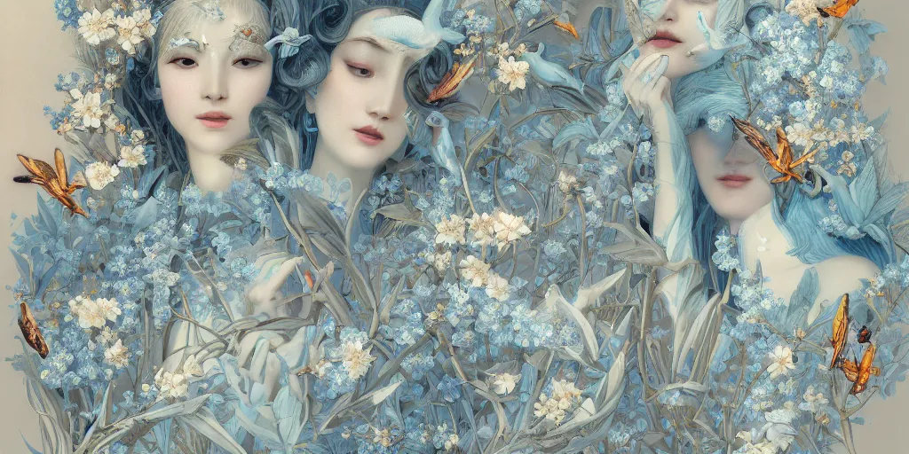 Image similar to breathtaking detailed concept art painting art deco pattern of blonde faces goddesses amalmation light - blue flowers with anxious piercing eyes and blend of flowers and birds, by hsiao - ron cheng and john james audubon, bizarre compositions, exquisite detail, extremely moody lighting, 8 k