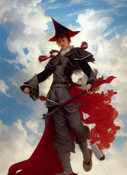 Prompt: A boisterous Red Mage wearing striped shining armor and a feathered hat holding a staff of power surrounded by an epic cloudscape. Magus. Red Wizard. Morpheus. masterpiece. 4k digital illustration. by Ruan Jia and Artgerm and Andreas Rocha and William-Adolphe Bouguereau and Edmund Blair Leighton. award winning, Artstation, intricate details, realistic, Hyperdetailed, 8k resolution. Concept Painting. Key Art
