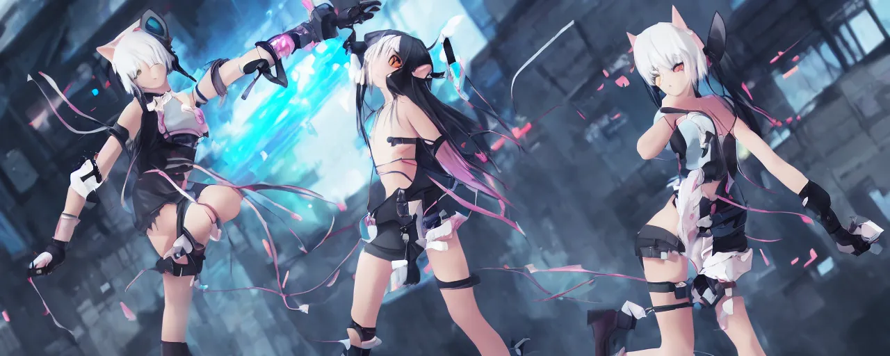 Image similar to concept art of an anime girl with cat ears and cyberpunk arm smashing the ground, WLOP, deviantart, 8k UHD