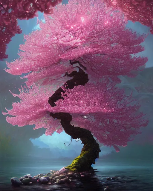 Image similar to one singular matte painting of a wet bioluminescent cherry blossom tree, highly detailed, digital painting, cinematic, hyper realism, dark retrowave, art by stanley lau and artgem and magali villeneuve and alphonse mucha, artstation, octane renderer, cgsociety