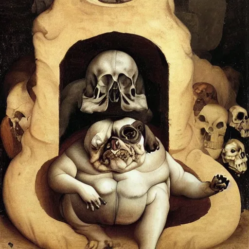 Image similar to obese dog in hell, sitting next to a human skull, renaissance painting