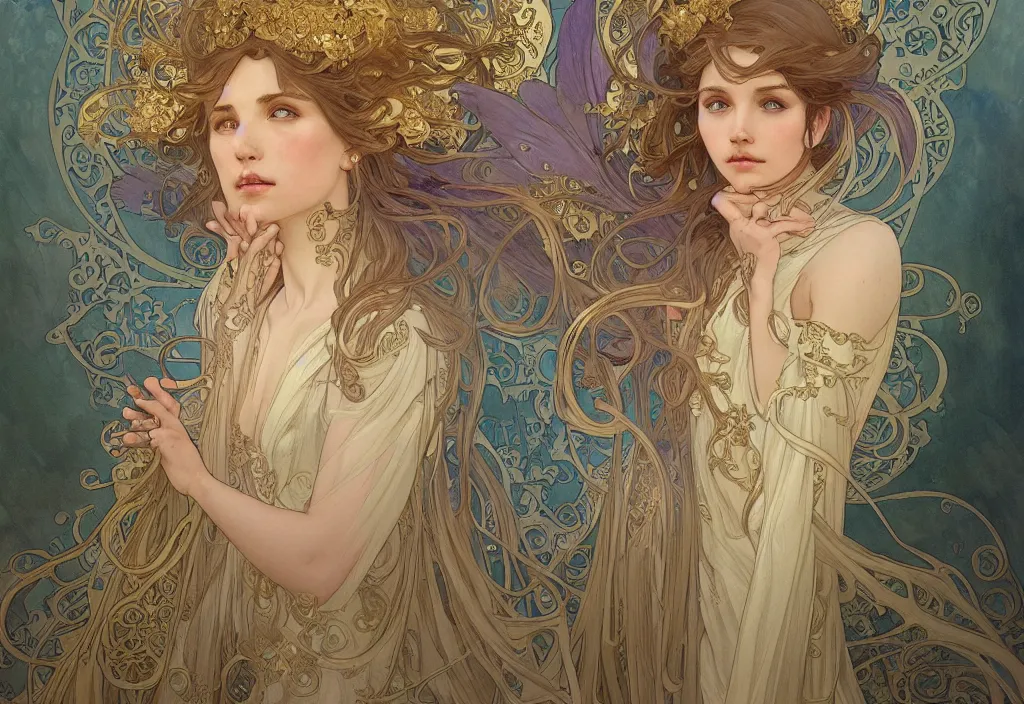 Prompt: angel, highly detailed, very intricate, art nouveau, gold filigree, romantic storybook fantasy, soft cinematic lighting, award - winning, disney concept art watercolor illustration by mandy jurgens and alphonse mucha and alena aenami, pastel color palette, featured on artstation