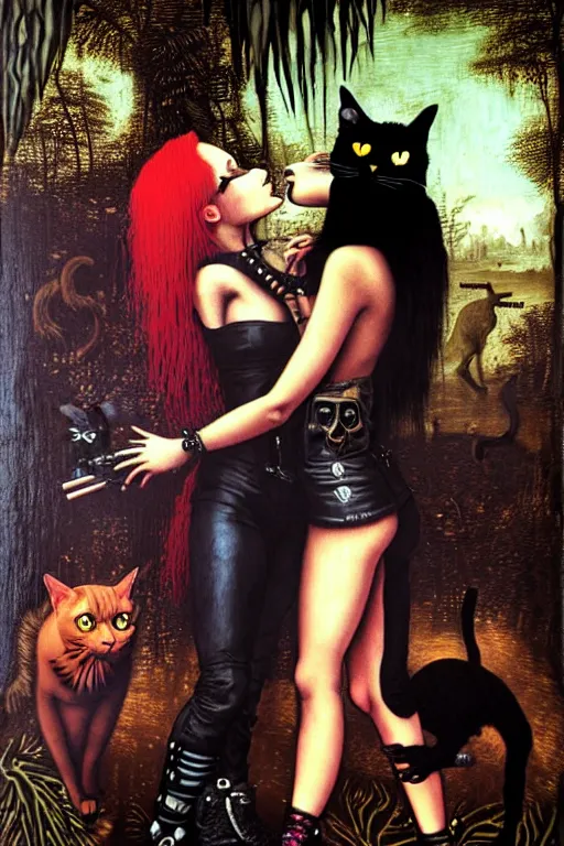 Image similar to punk rock girls kissing and making selfie with black cats in jungle , 1980 style, mad max jacket, post apocalyptic, Cyberpunk, renaissance, Gothic, mystic, highly detailed, 4k, fog, oil painting on canvas by Leonardo Da Vinci, hyper realistic style, fantasy by Olga Fedorova