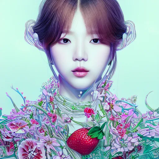 Image similar to the portrait of an absurdly beautiful, graceful, elegant, sophisticated, fashionable young kpop idol made of strawberries and white petals, an ultrafine hyperdetailed illustration by kim jung gi, irakli nadar, intricate linework, bright colors, octopath traveler, final fantasy, unreal engine 5 highly rendered, global illumination, radiant light, detailed and intricate environment