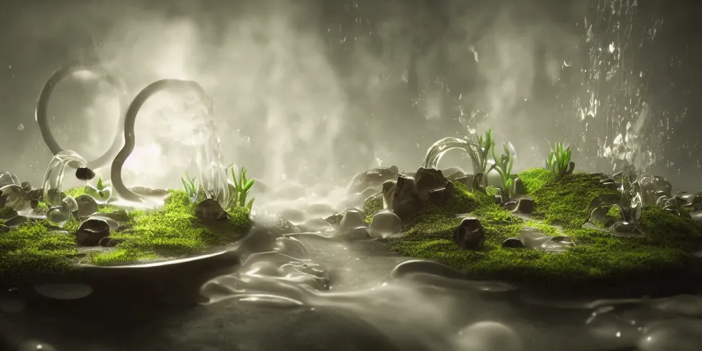 Prompt: terrarium photograph, a pipe flowing with milky liquid, central composition, fluid, ultra clear material, volumetric light, lightrays, cinematic, atmospheric, 3 d concept art, octane render, beautiful, cinematic lighting, intricate details.