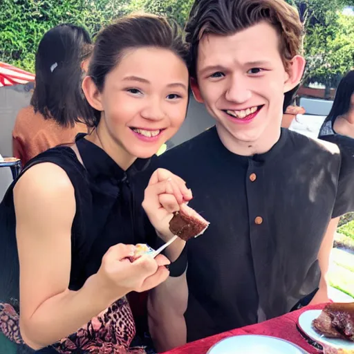 Prompt: Tom Holland eating spam musubi with a Filipina college girl