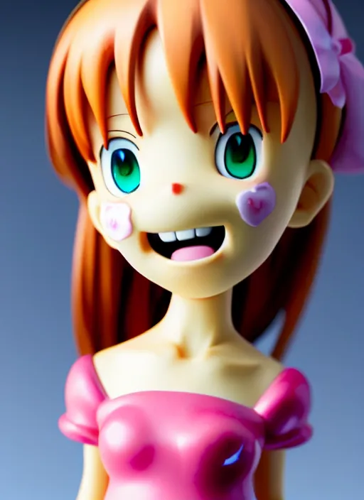 Image similar to a hyperrealistic oil painting of a kawaii anime girl figurine caricature with a big dumb grin featured on wallace and gromit by studio ghibli