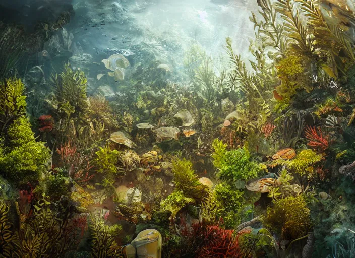 Image similar to overgrown foliage overtaking favela, underwater environment, buildings, coral, scenery, professional, award - winning, trending on artstation, detailed, realistic, beautiful, emotional, shiny, golden, picture