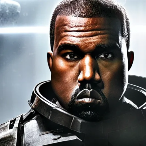 Prompt: kanye west as ( robocop ) in gears of war, splash art, movie still, cinematic lighting, detailed face, dramatic, octane render, long lens, shallow depth of field, bokeh, anamorphic lens flare, 8 k, hyper detailed, 3 5 mm film grain