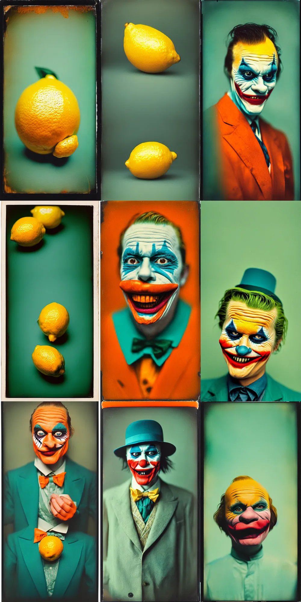 Image similar to kodak portra 4 0 0, wetplate, 8 k, shot of a highly detailed, britt marling style, colour still - life portrait of a lemon looks like 1 9 9 9 joker, teal and orange, muted coloures