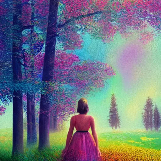 Image similar to girl with blooming face, surreal photography, dream, standing in flower field, hills, big trees, sunrise dramatic light, impressionist painting, colorful clouds, digital painting, pointillism, artstation, simon stalenhag