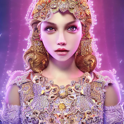 Image similar to portrait of pretty princess with perfect skin, glowing, ornate and intricate diamond jewelry, jaw dropping beauty, ornate and intricate backdrop, white accent lighting, hyper detailed, 4 k octane render