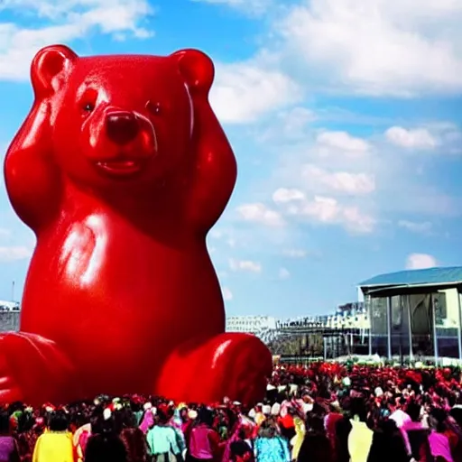 Prompt: stunning image of a giant gummy bear on a pedestal, many people worshipping.