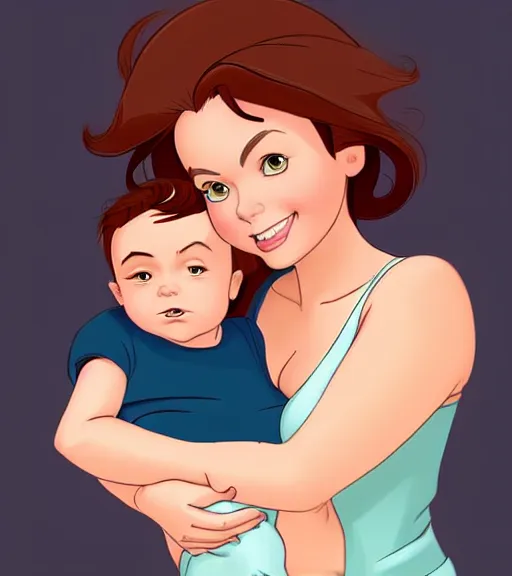 Image similar to a mother with short shoulder length dark auburn hair, short and curvy and a slightly chubby face holding her infant son with short brown hair full color digital illustration in the style of don bluth, artgerm, artstation trending, 4 k