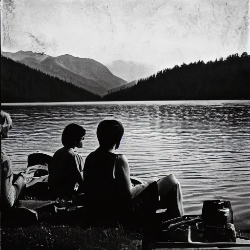 Prompt: photograph from the sixties of people sitting by a lake in summer, degraded, aged, light leak