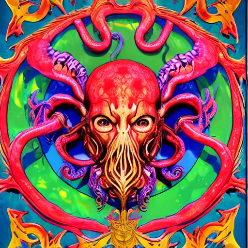 Image similar to 4 k colored headshot of godlike cthulhu with defined arms and open hands and bloody clothes with giant mandala wings, intricate face, flawless anime cel animation by kentaro miura, psychedelic, highly detailed upper body, professionally post - processed, beautiful, scary, symmetry accurate features, epic, octane rendered, anime masterpiece, accurate