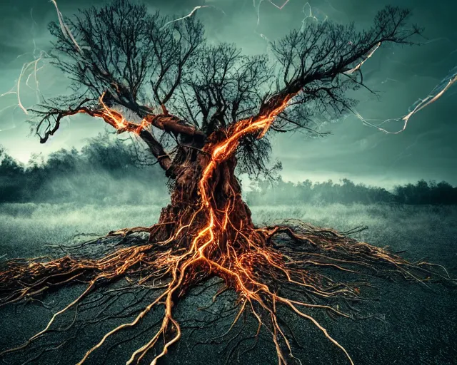 Image similar to angry complex strings and cables electricity fight, action scene, sad face tree roots strangled, ancient oak, rock debris pieces, dust particles, dramatic lighting, electronic wires, fire sparks, high resolution photo,