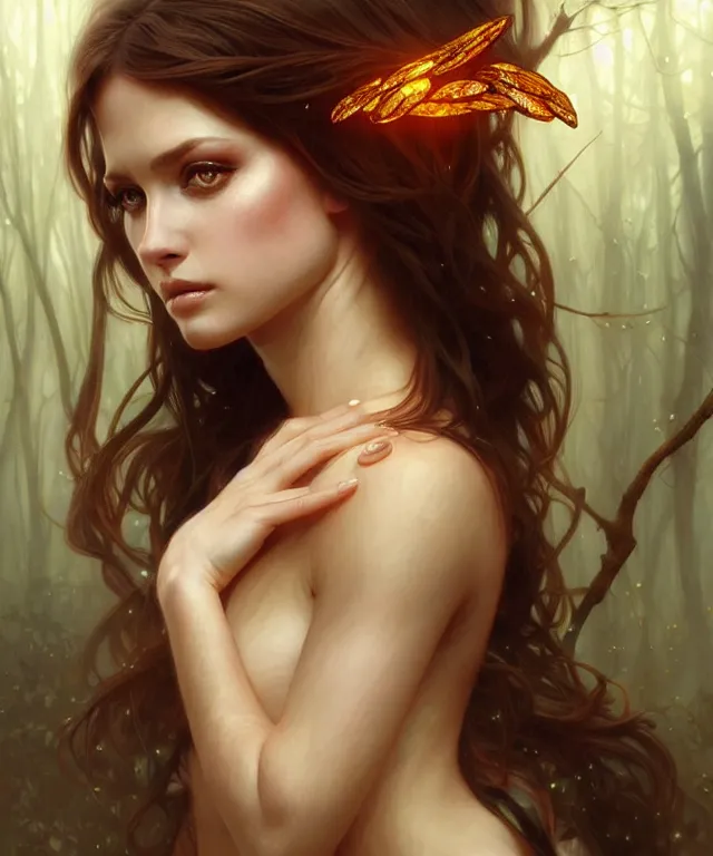 Image similar to Forest nymph woman portrait, amber eyes, face, long hair, fantasy, intricate, elegant, highly detailed, digital painting, artstation, concept art, smooth, sharp focus, illustration, art by artgerm and greg rutkowski and alphonse mucha