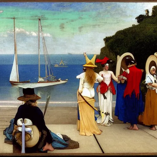 Prompt: People with jester hats and clothes forming a circle on the front of a Balustrade with a beach and a sail boat on the background, major arcana cards, by paul delaroche, alphonse mucha and arnold böcklin arnold böcklin hyperrealistic 8k, very detailed