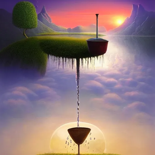 Image similar to a surreal landscape at sunset with a immense gigantic ornated iron chalice cup with a lake inside, water in excess dropping by gediminas pranckevicius