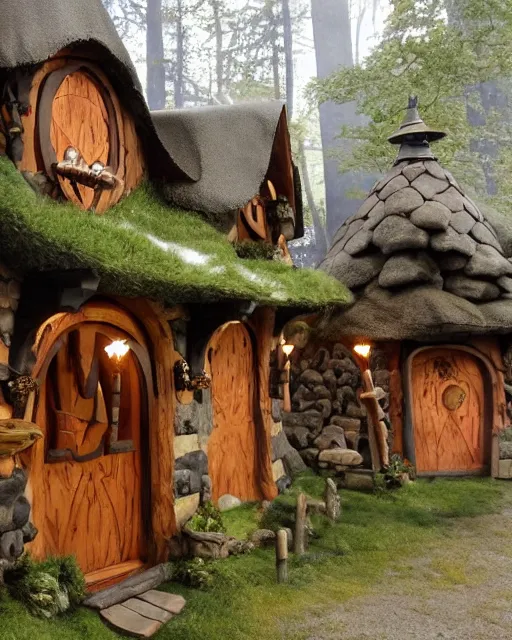 Image similar to fantasy town with a stand - alone blacksmith shop, stand - alone bakery, stand - alone tavern, stand - alone courthouse, stand - alone guardhouse, midday, viking style - hobbit homes, with elf - tree houses, in the style of real fantasy,