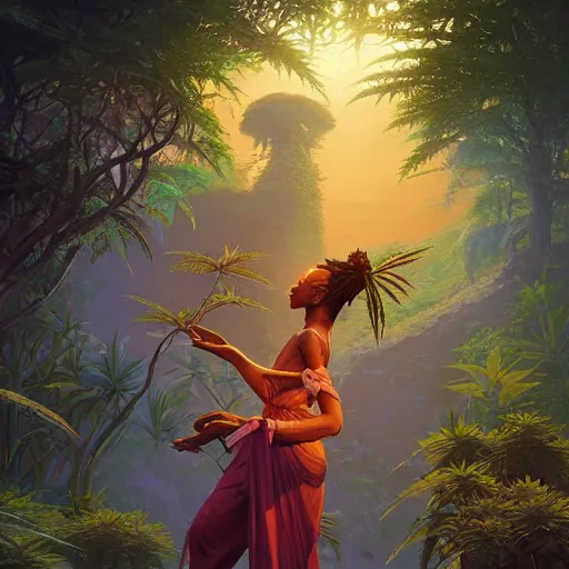 Image similar to an african marijuana!! goddess, by stephen bliss, unreal engine, fantasy art by greg rutkowski, loish, rhads, ferdinand knab, makoto shinkai and lois van baarle, ilya kuvshinov, rossdraws, tom bagshaw, moon light, radiant light, detailed and intricate environment