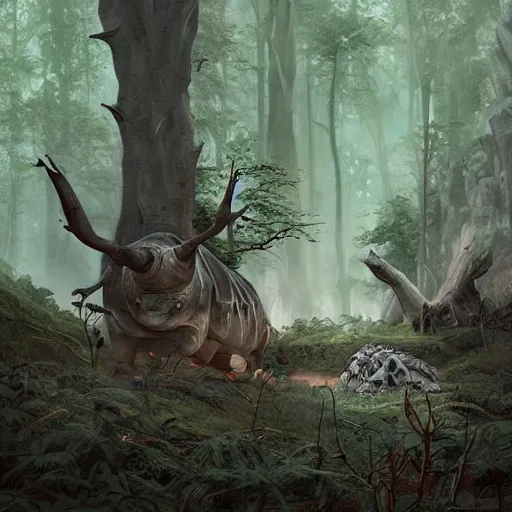 Image similar to a painting of a rhino and a skeleton in a forest, a detailed matte painting by marc simonetti, behance contest winner, fantasy art, matte painting, concept art, matte drawing. masterpiece