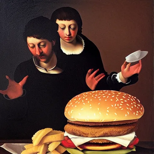 Prompt: mcdonalds big mac, painting by caravaggio