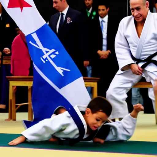 Prompt: benjamin netanyahu judo flipping a kid