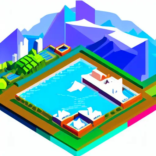 Image similar to an isometric colorful videogame world, epic mountains, azure ocean in the background, blocks