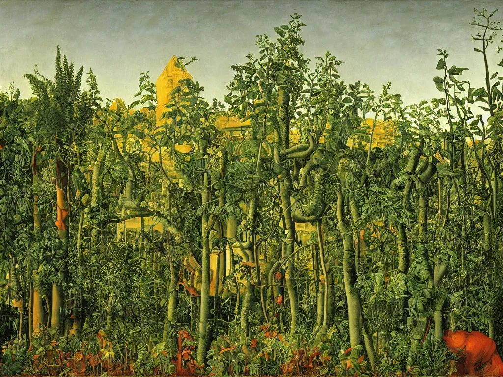 Image similar to Apocalypse with vegetation, leaves, creepers, ivy, ferns taking over the industrial metropolis, toxic, machinery, factory. Thunderstorm, autumn light. Painting by Giovanni Bellini, Henri Rousseau, Escher