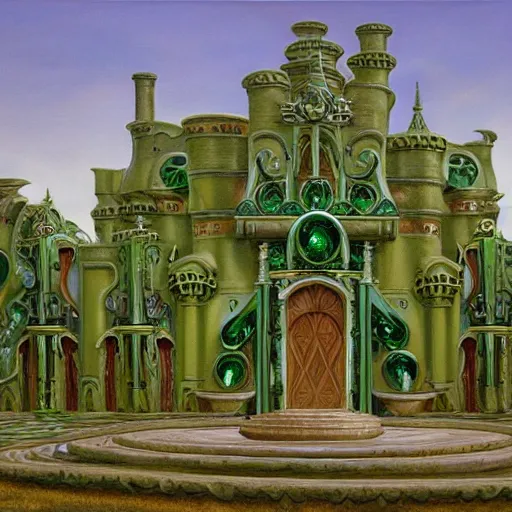 Image similar to an oil painting by michael whelan and donato giancola of a palace made of green, polished, swirling malachite and jade