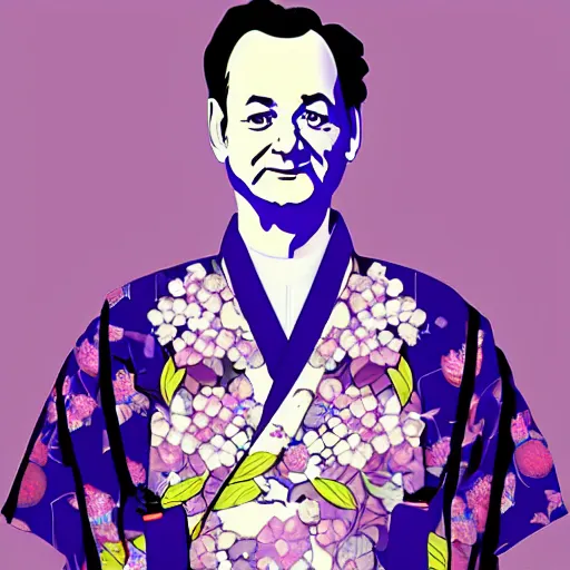 Image similar to bill murray, wearing kimono, by artgerm, cherry blossom falling, nagel