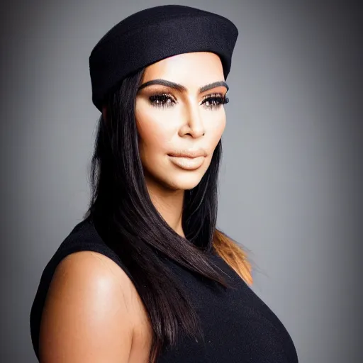 Image similar to studio photo of kim kardashian wearing a fedora, professional photo, close up, studio lighting, high quality