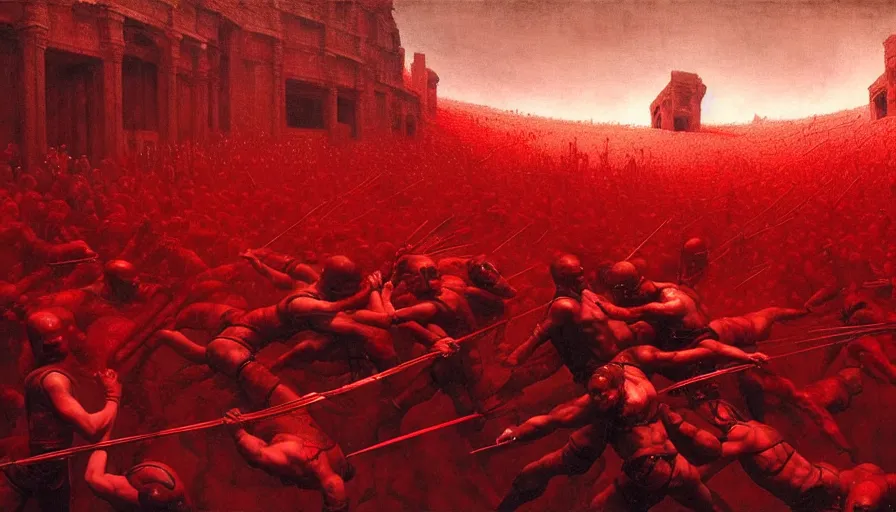 Image similar to only with red, bloody armored gladiator battle in a crowded roman amphitheatre, crowd cheering, in the style of beksinski and edward hopper and rodcenko and yue minjun and greg rutkowski, intricate and epic composition, red by caravaggio, highly detailed, masterpiece, red light, artstation, art nouveau