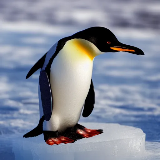 Prompt: render of penguin sitting on small piece of ice