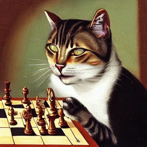 Prompt: Cat playing chess looking wise, rococo oil painting