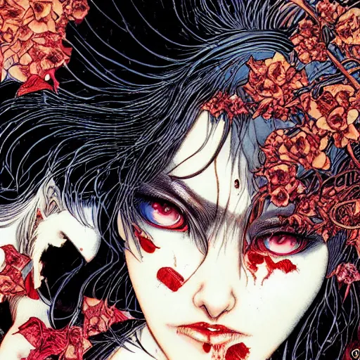 Image similar to closeup of vampire kiss, by yoichi hatakenaka, masamune shirow, josan gonzales and dan mumford, ayami kojima, takato yamamoto, karol bak